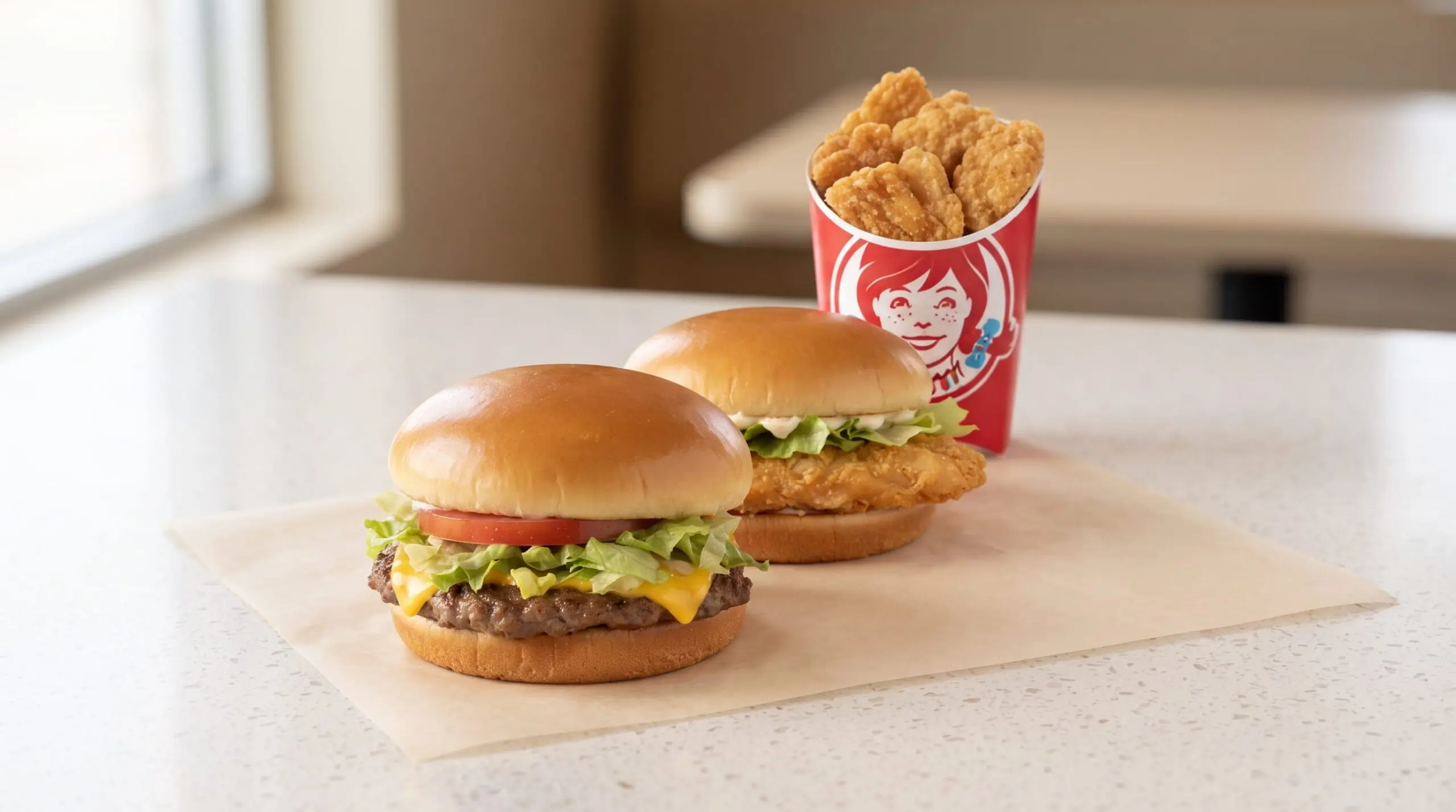 Wendy's 2 for $4.99 Deal from the September 2026 Canada menu, with two sandwiches and a cup of golden crispy pieces on parchment paper