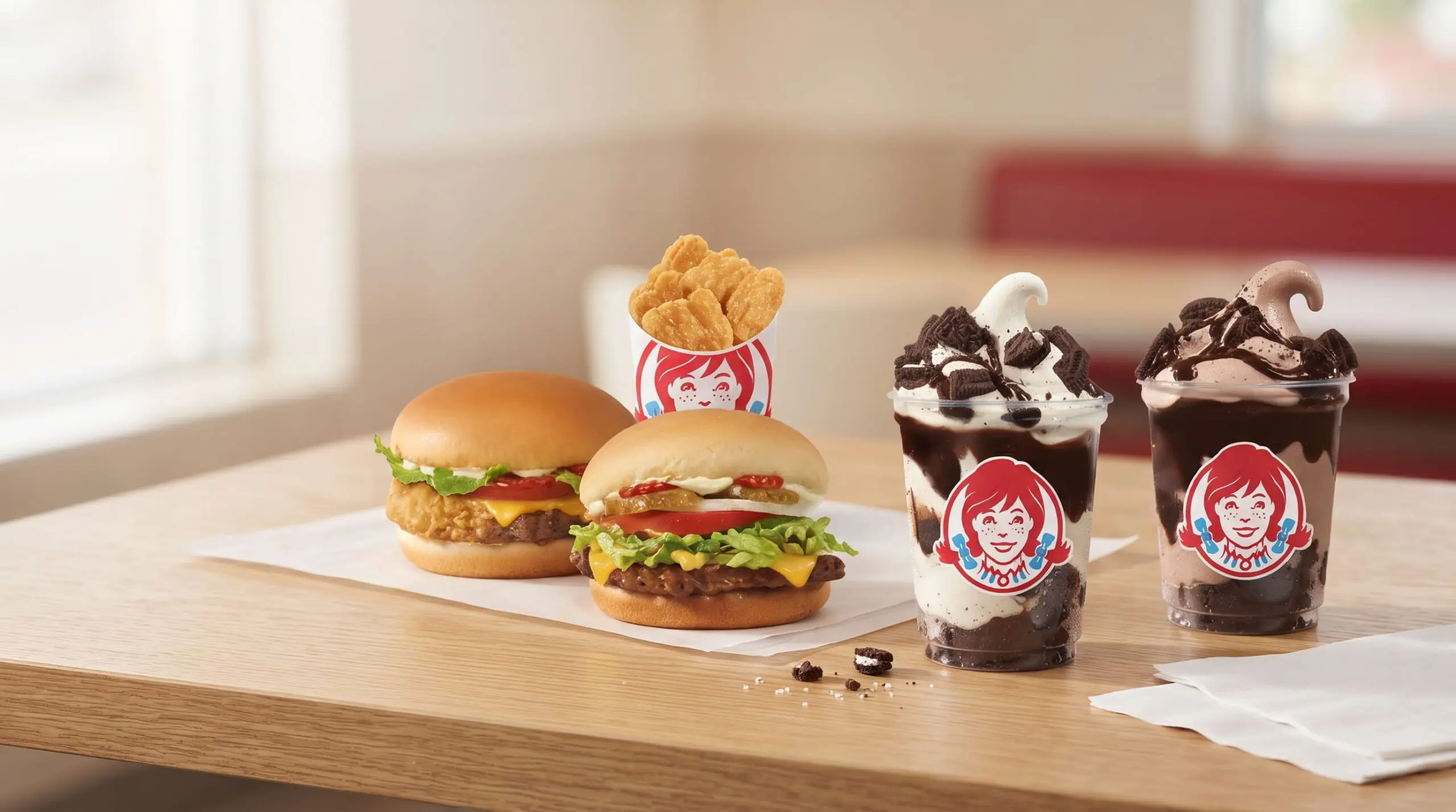 Wendy's Canada new menu lineup for September 2026 with the 2 for $4.99 Deal and two Oreo Brownie Frosty desserts on a café table