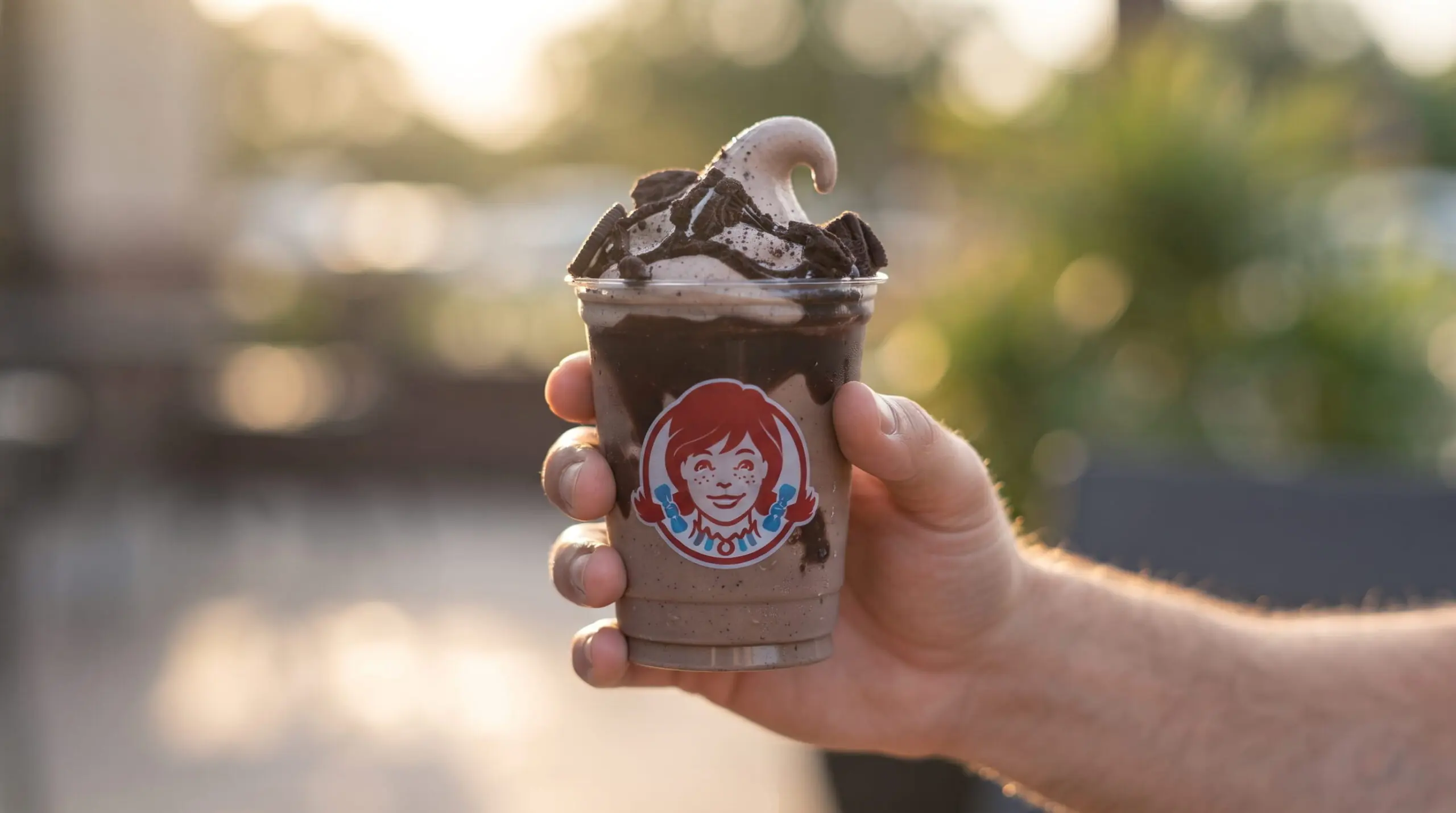 Hand holding a Wendy's Oreo Brownie Frosty, Chocolate, outdoors in soft afternoon light