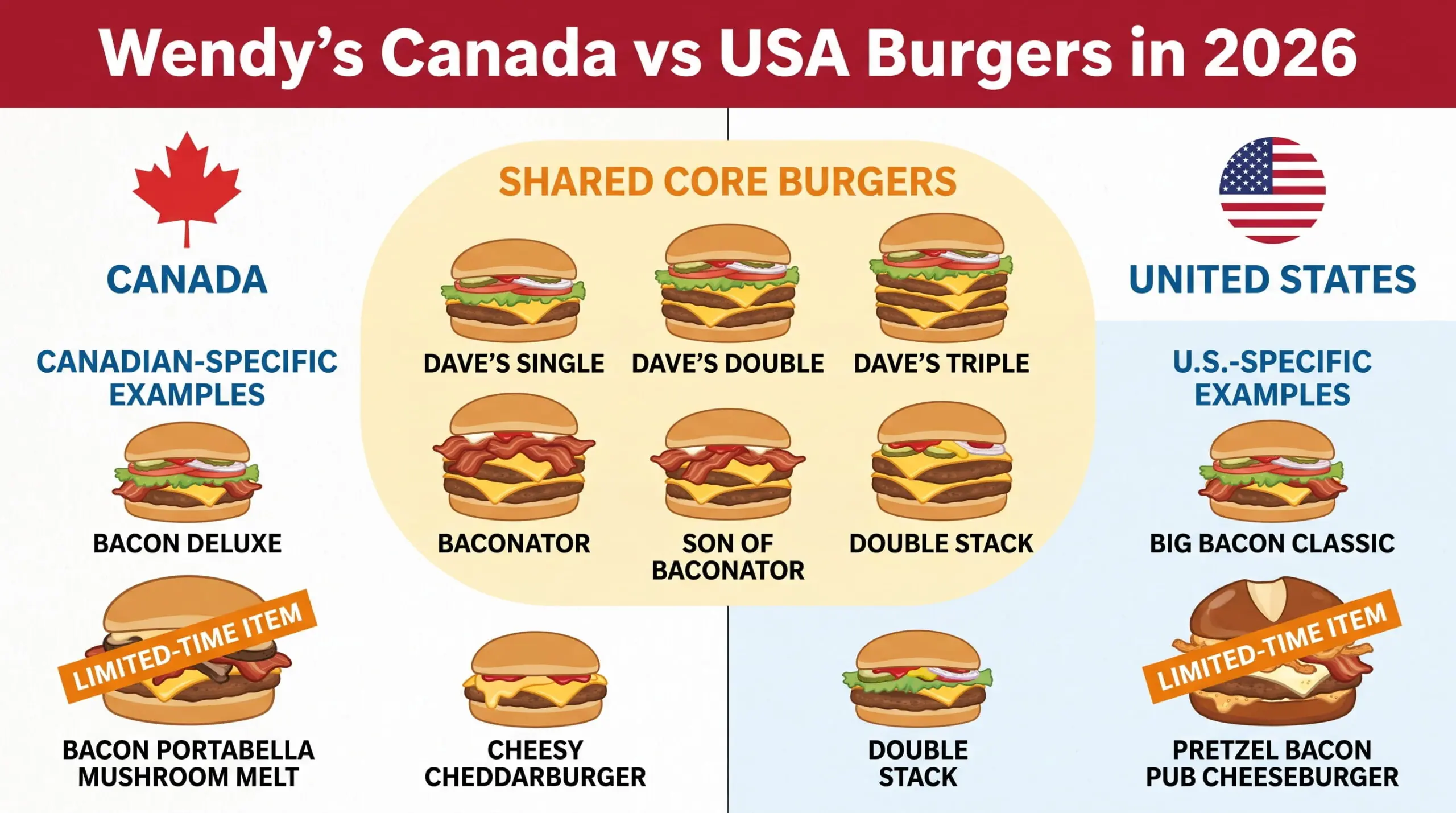 Infographic comparing Wendy’s burger lineups in Canada and the United States in 2026